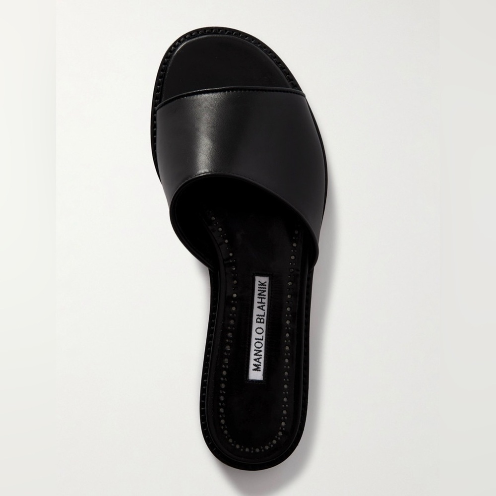 NWT Manolo Blahnik Women's Black Safianu Leather Slides Shoe Size 37
